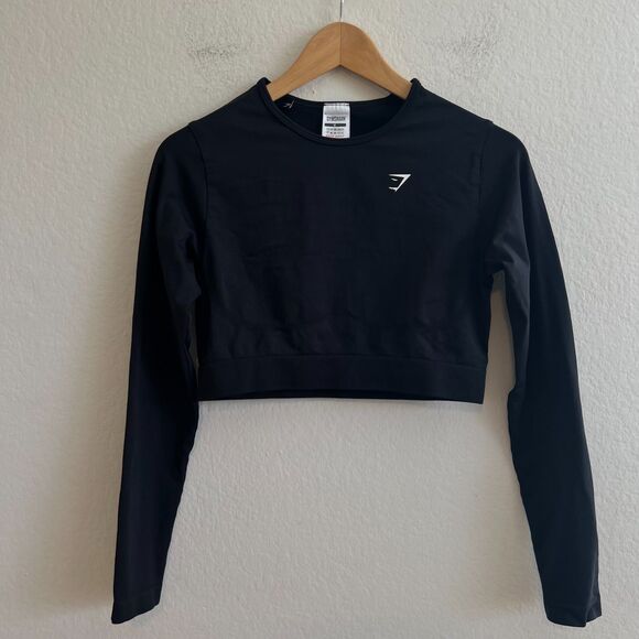 GYMSHARK Lifting Essential Black Long Sleeve Crop Top Womens Medium - Picture 3 of 5